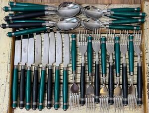 30 Pc Bistro Flatware Set Teal Green Black Handles Stainless Steel Silverware